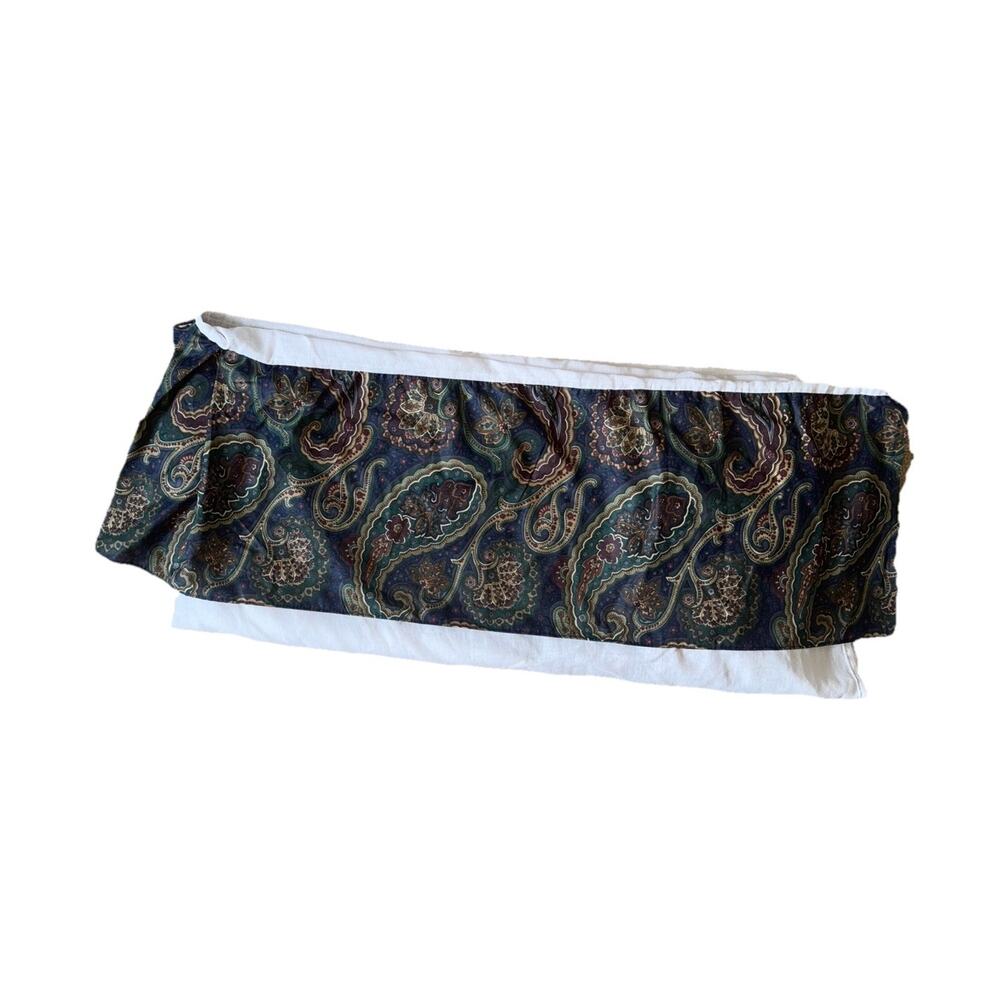 Vintage JC Penney Queen Size Bed Skirt Dark Paisley Print Navy Green 90s Bedding